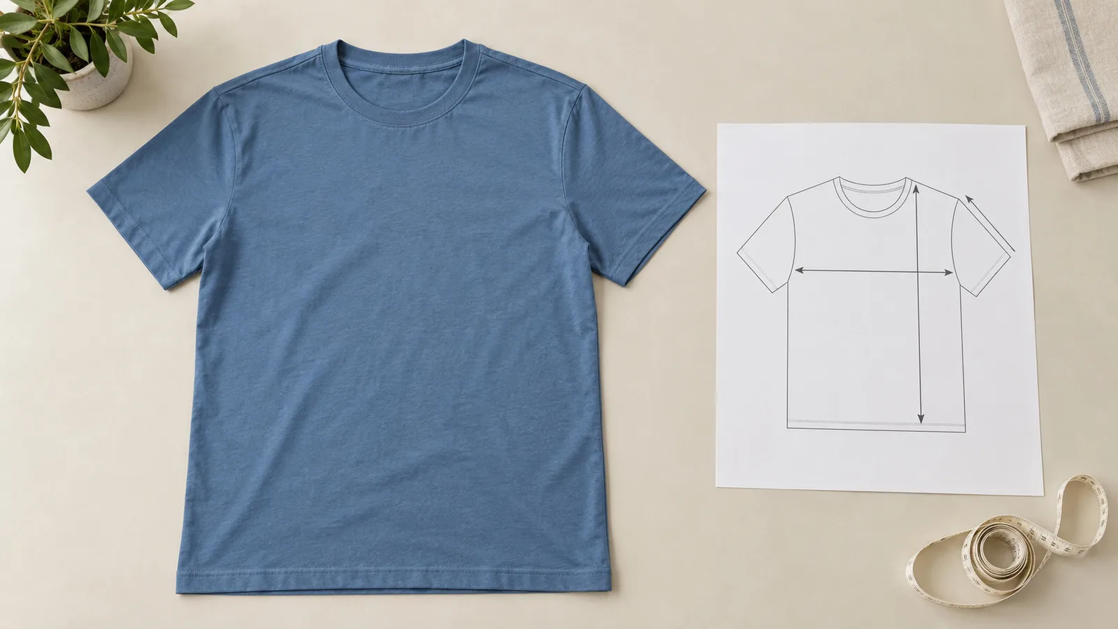 Enfärgad T-shirt platt bredvid en måttskiss för plagget