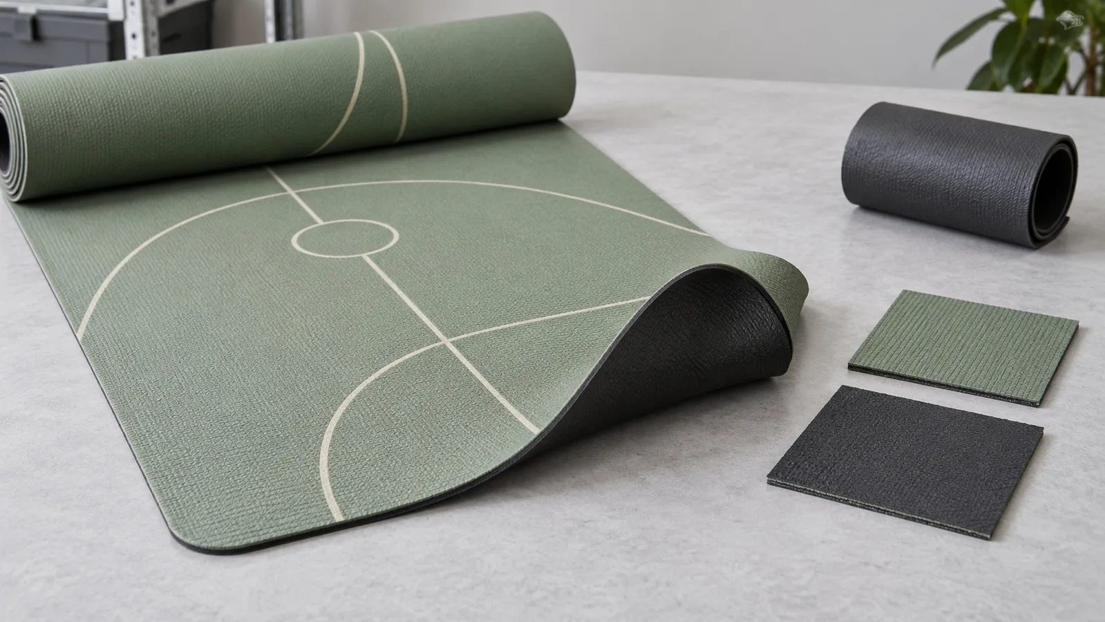 Tryckt yogamatta och separata basmaterialprover arrangerade för att illustrera en tillverkningsrutt