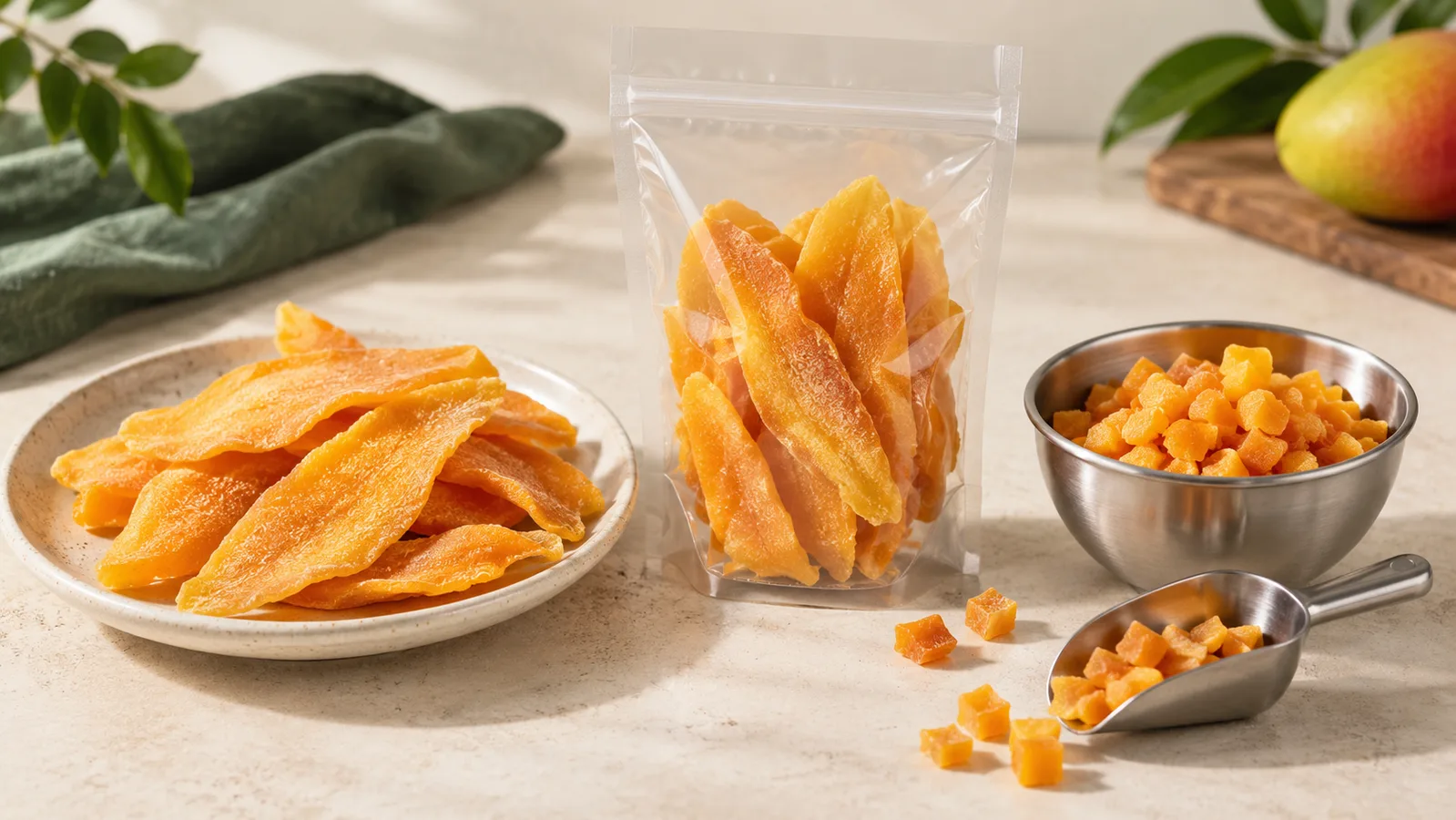 Torkade mangoskivor och tärnad mango jämfört med två produktspecifikationer