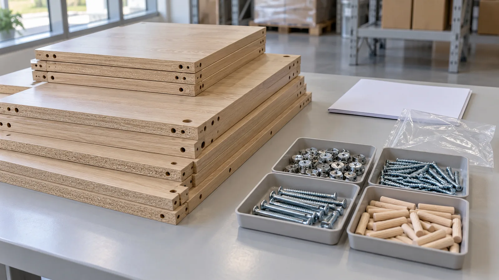 Platta skåppaneler med sorterad hårdvara och en vanlig instruktionsmapp på ett inspektionsbord