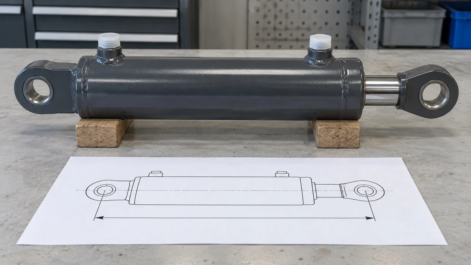 Avinstallerad hydraulcylinder med skyddade portar bredvid en schematisk monteringsritning