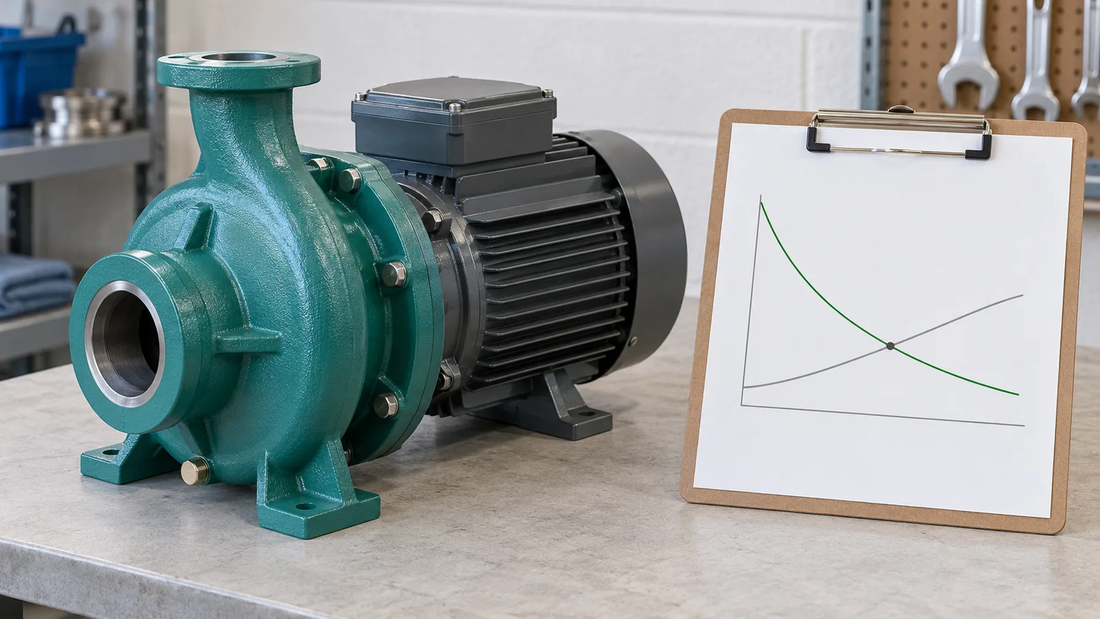 Omärkt centrifugalvattenpump bredvid en schematisk flödeshuvudgraf för illustration