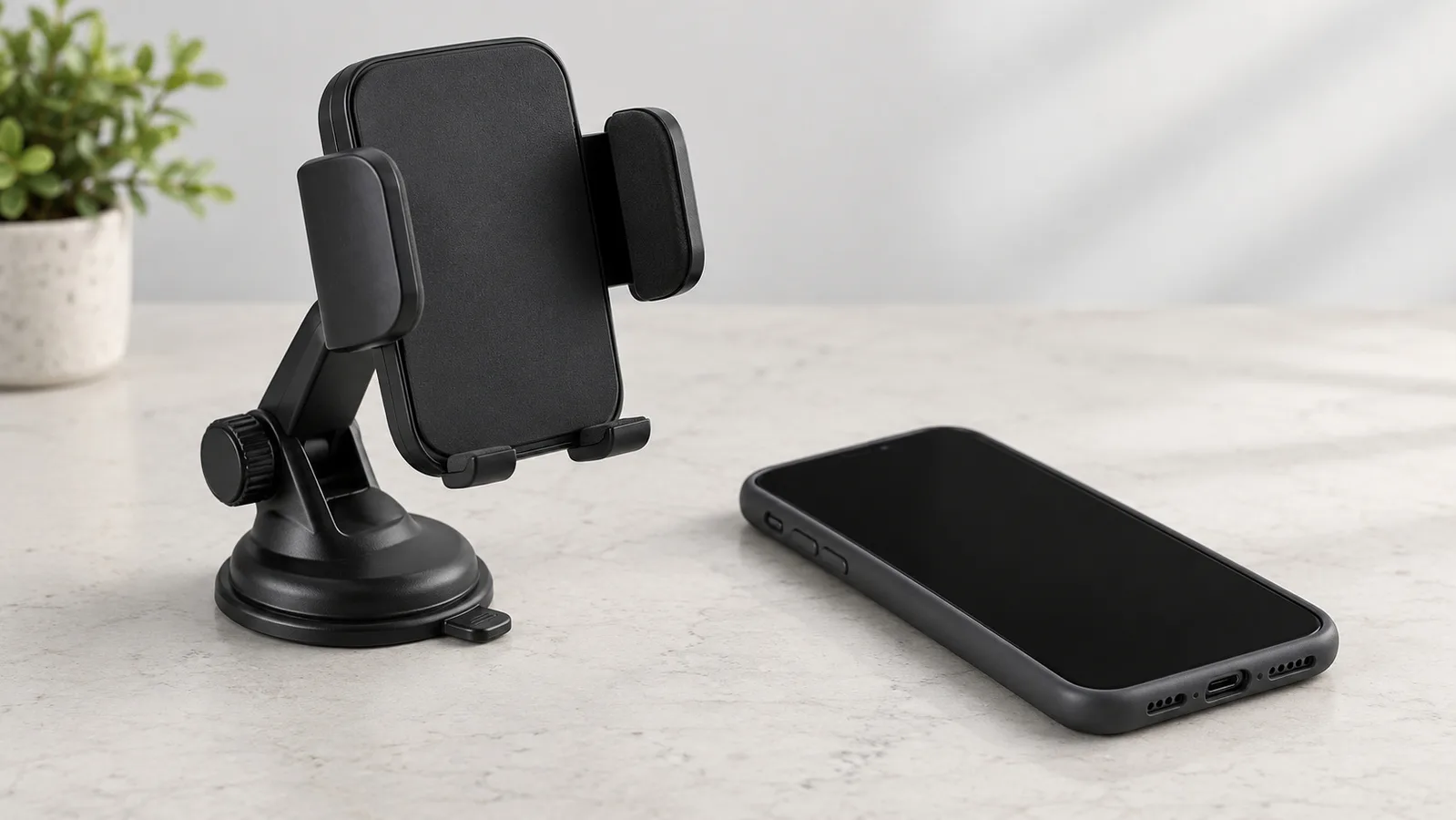 Generisk telefonhållare i klämstil på ett neutralt provgranskningsbord bredvid en telefon utan märkesfodral
