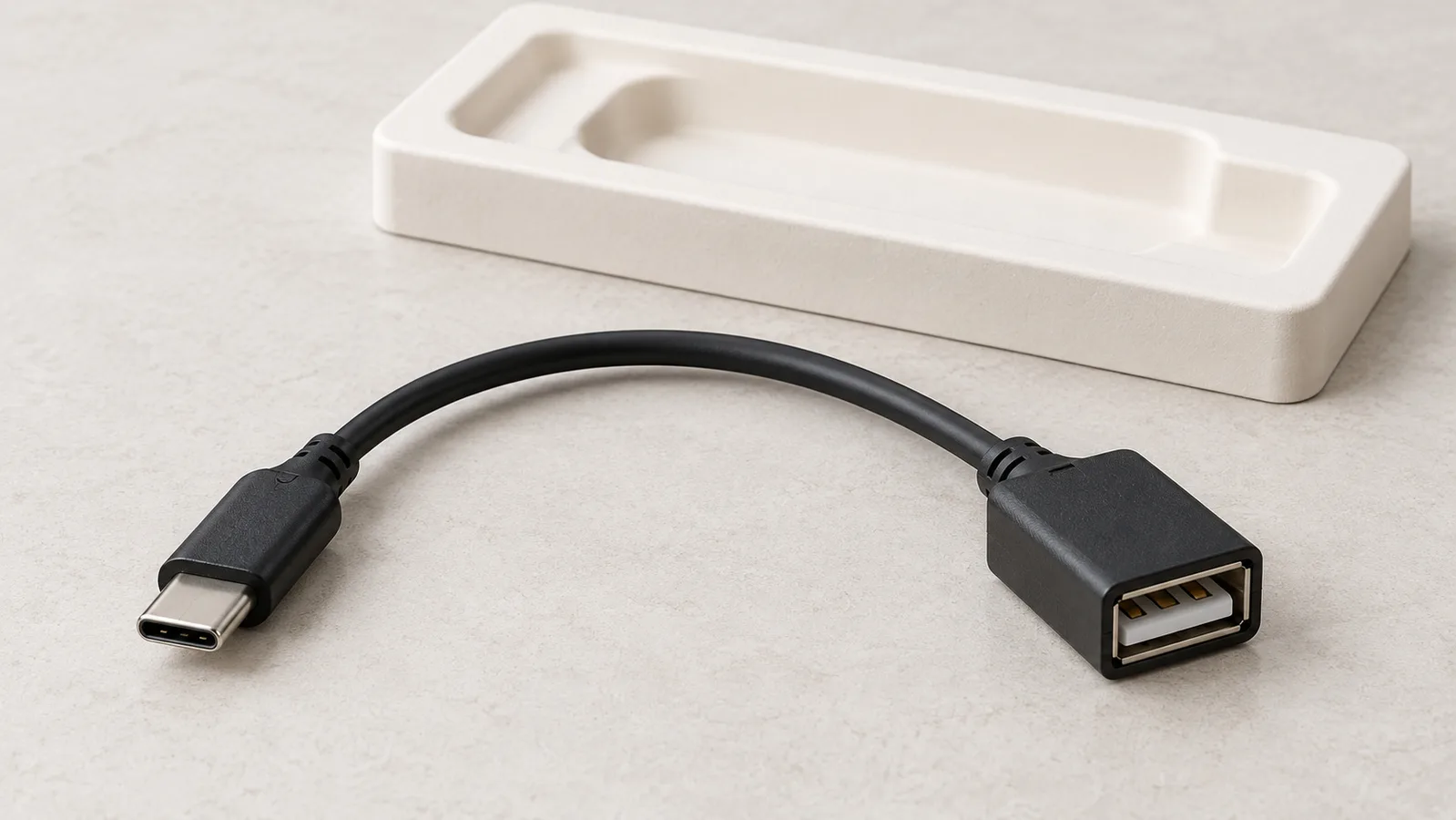 En generisk USB-adapterkabel med båda kontaktändarna synliga på en neutral inspektionsyta
