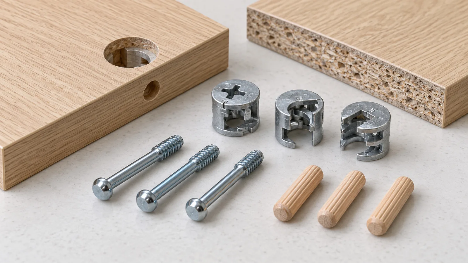 Flat-pack möbelpanelskarv med en kamkoppling, passande bult och separata lokaliseringstappar av trä