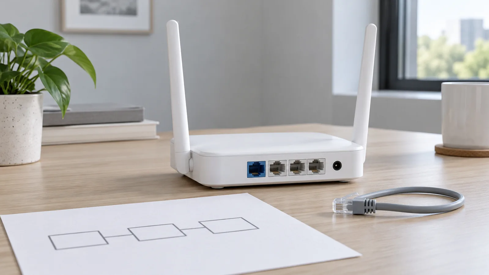 Omärkt vit skrivbords-Wi-Fi-router med synliga Ethernet-portar på baksidan bredvid en enkel nätverksskiss