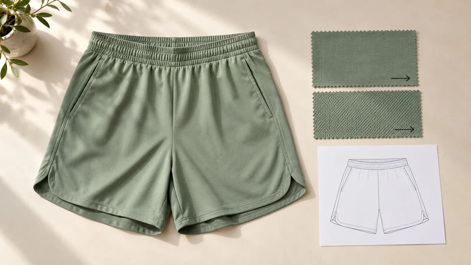 Activewear-shortsprov bredvid tygprover med markerad riktning och en panelskiss