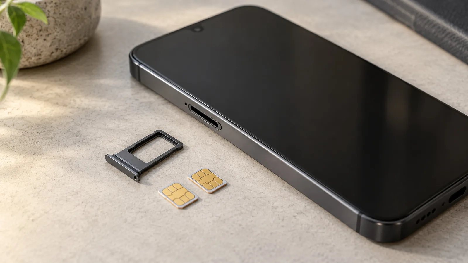 Omärkt smartphone bredvid en separat SIM-fack och två SIM-kort, som illustrerar fysiskt kortstöd